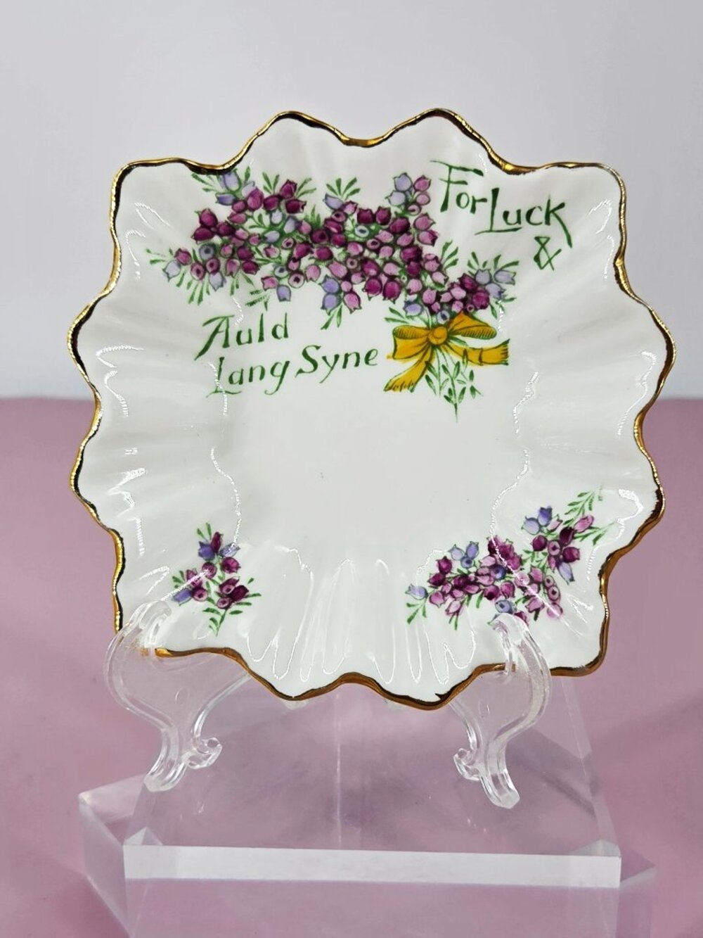 H & M Sutherland Bone China Hand Painted Heather Auld Lang Syne Trinket Dish UK